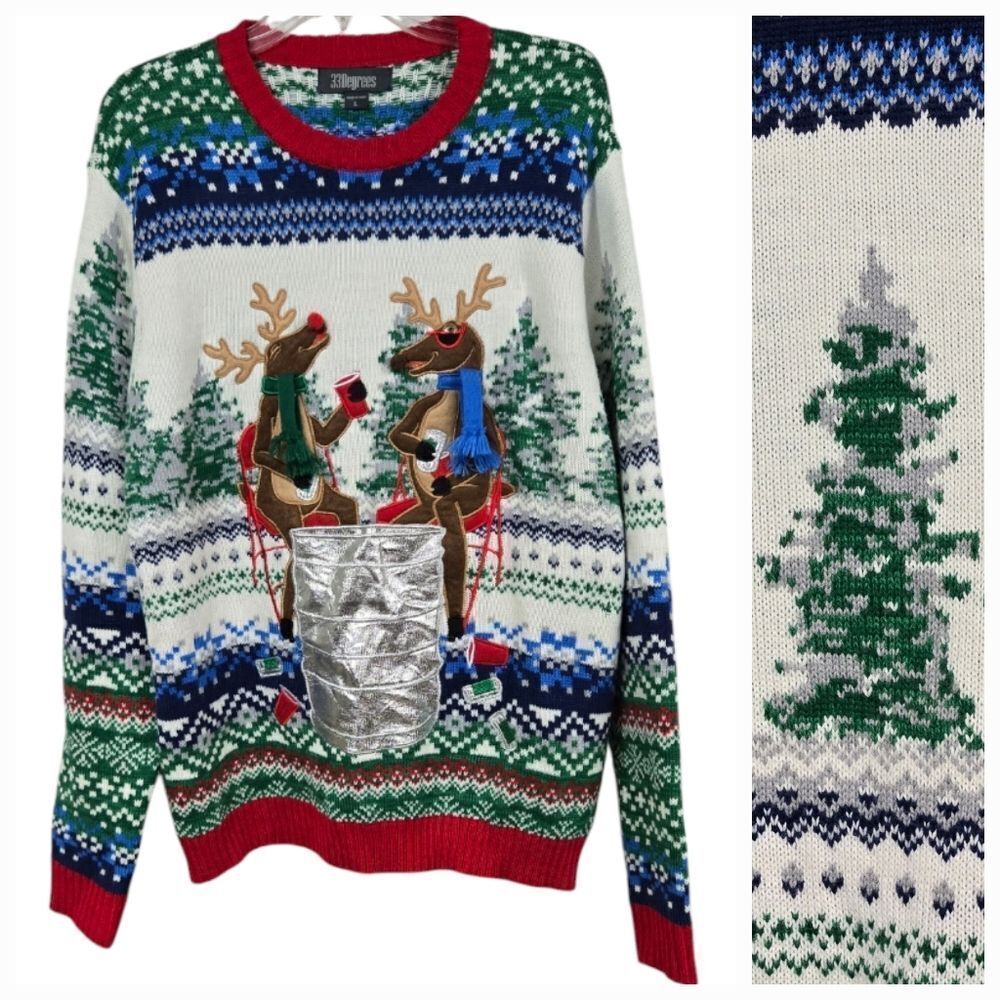 33 Degrees Mens Reindeer Drink Holder Christmas Sweater Deer Drinking Metallic